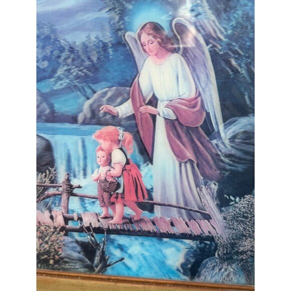 Vintage 70's Lenticular 3D Hologram Guardian Angel Children Framed Picture - Picture 12 of 15